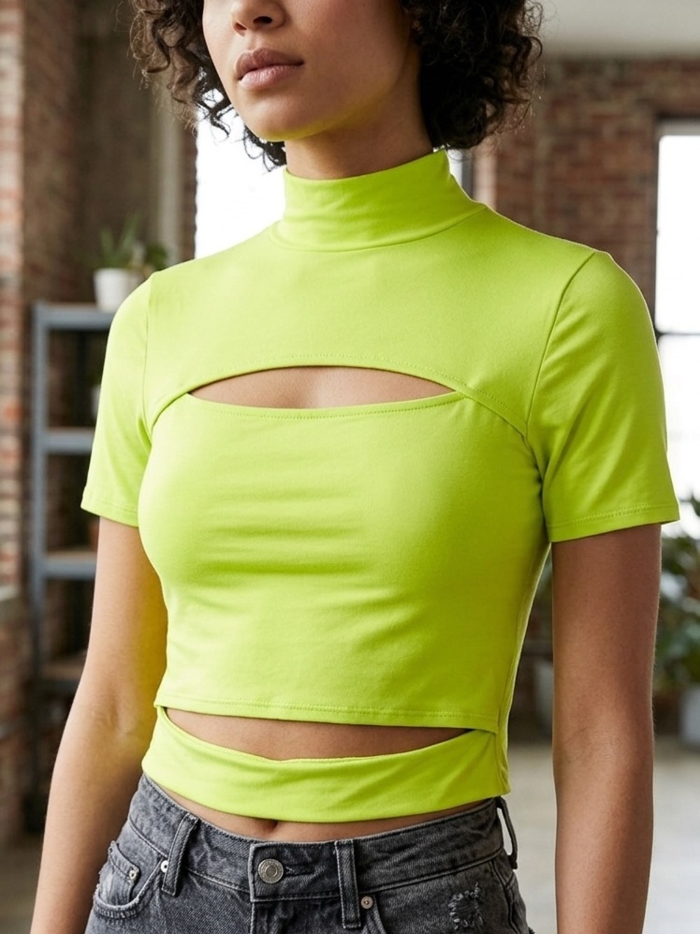 Women's Neon Yellow Crop Turtleneck Top size medium